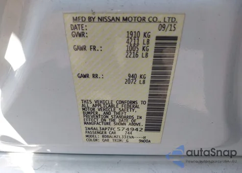 2015 Nissan Altima 2.5 Sv from USA, damaged, VIN 1N4AL3AP7FC574942